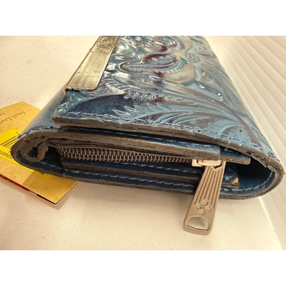 PATRICIA NASH CAMETTI Leather Trifold Wallet Clutch TOOLED‎ BLUE FLORAL NWTS